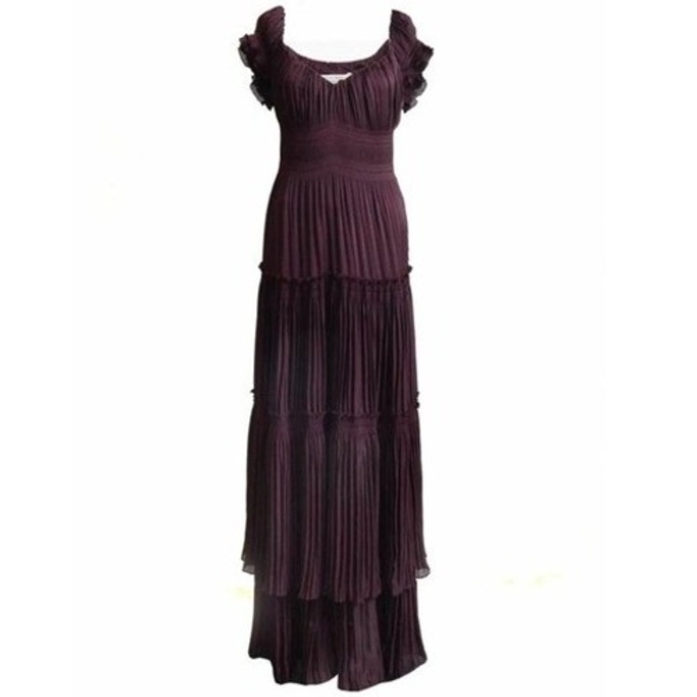 DVF Bridgerton Romantic Plum Pleated Empire Waist Ruffle Sleeve Satin Maxi Dress